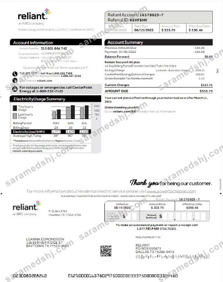 USA RELIANT utility bill Word and PDF template
